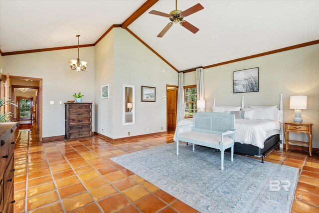 tiled bedroom featuring ceiling fan with notable chandelier, high vaulted ceiling, crown molding, and beamed ceiling