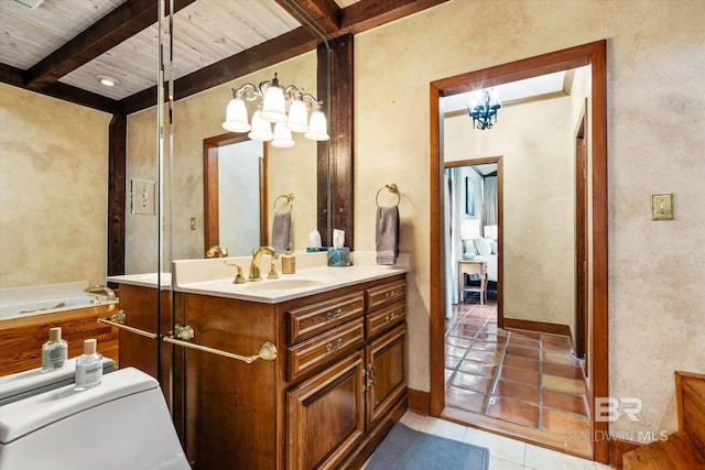 bathroom featuring wood ceiling, toilet, a bathtub, beam ceiling, and vanity