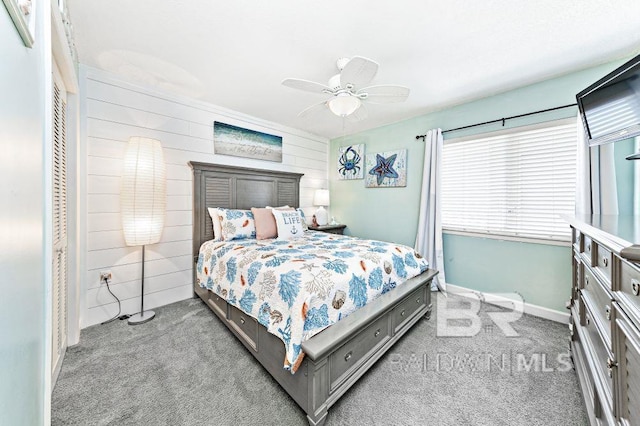 bedroom featuring ceiling fan and light colored carpet