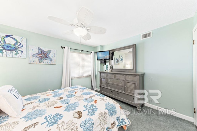 bedroom featuring carpet floors and ceiling fan