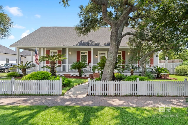 4001 Landfall Dr, Pensacola, FL 32507 - view of front facade featuring a fenced front yard, covered porch, and roof with shingles