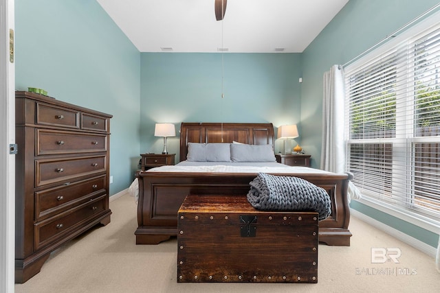 4001 Landfall Dr, Pensacola, FL 32507 - bedroom with light colored carpet, visible vents, baseboards, and a ceiling fan
