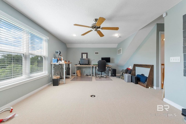 4001 Landfall Dr, Pensacola, FL 32507 - carpeted home office with baseboards, visible vents, ceiling fan, and a textured ceiling