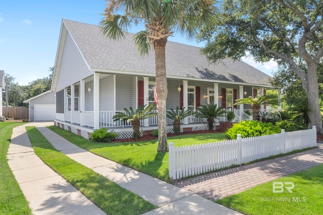 4001 Landfall Dr, Pensacola, FL 32507 - view of front of house featuring a front lawn, a shingled roof, covered porch, and a fenced front yard