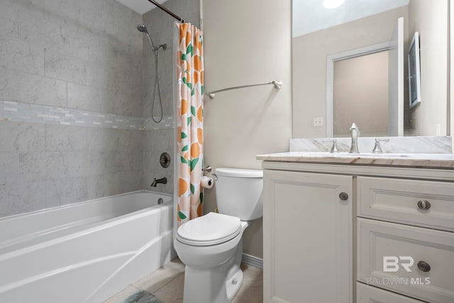 full bathroom with tile patterned flooring, shower / tub combo, vanity, and toilet