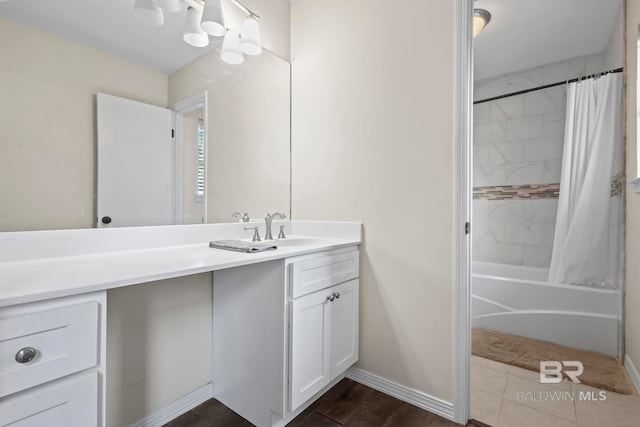 bathroom featuring hardwood / wood-style floors, vanity, and shower / bathtub combination with curtain