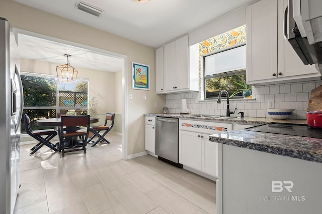 kitchen featuring decorative backsplash, appliances with stainless steel finishes, sink, pendant lighting, and white cabinets