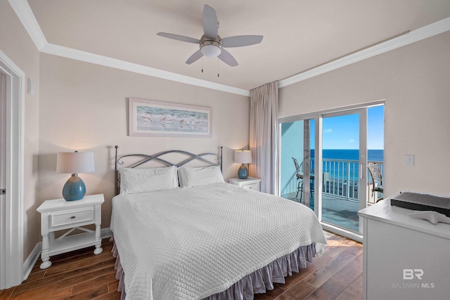 bedroom with access to outside, a water view, ceiling fan, dark hardwood / wood-style flooring, and crown molding