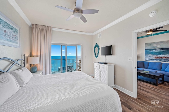 bedroom with ceiling fan, access to outside, crown molding, and dark hardwood / wood-style floors