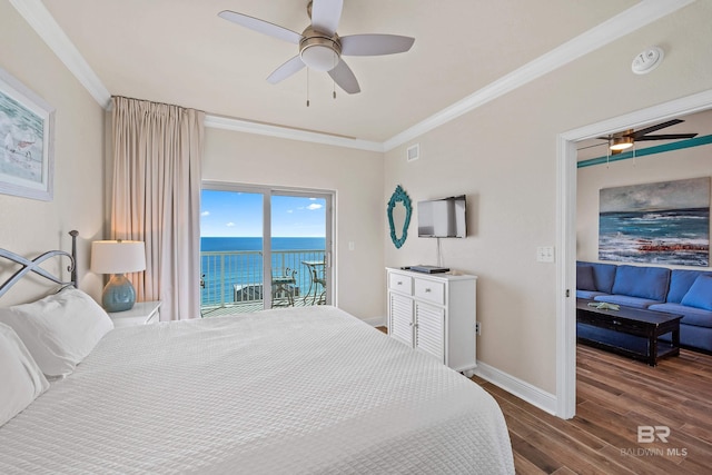 bedroom with dark hardwood / wood-style flooring, access to exterior, ceiling fan, and crown molding