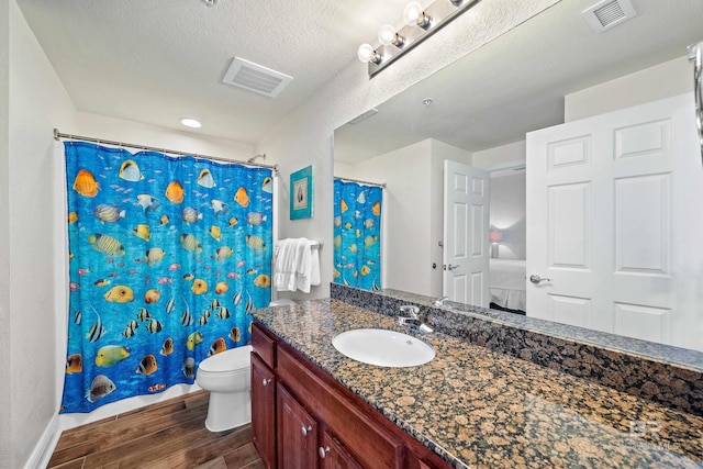 bathroom featuring toilet, vanity, and a textured ceiling