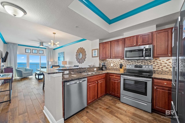 kitchen with kitchen peninsula, appliances with stainless steel finishes, dark stone countertops, and hardwood / wood-style floors