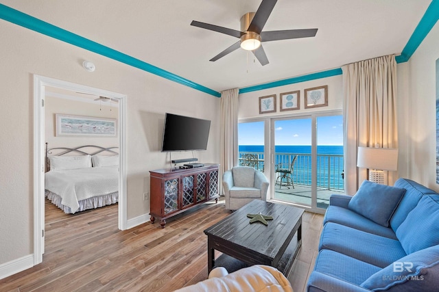 living room with ceiling fan and hardwood / wood-style floors