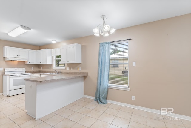 kitchen featuring kitchen peninsula, white range with electric stovetop, sink, decorative light fixtures, and white cabinets