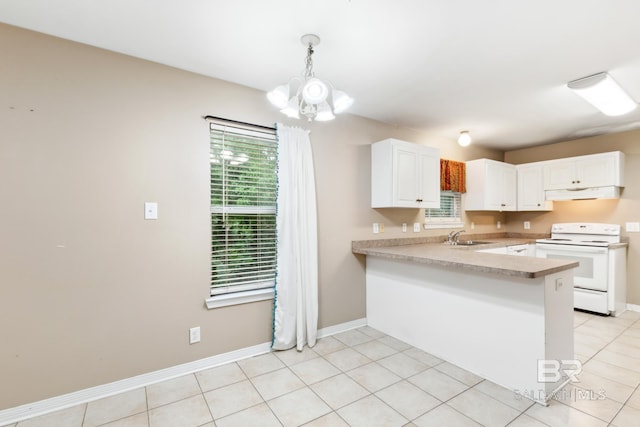 kitchen with white cabinets, decorative light fixtures, white range oven, and kitchen peninsula