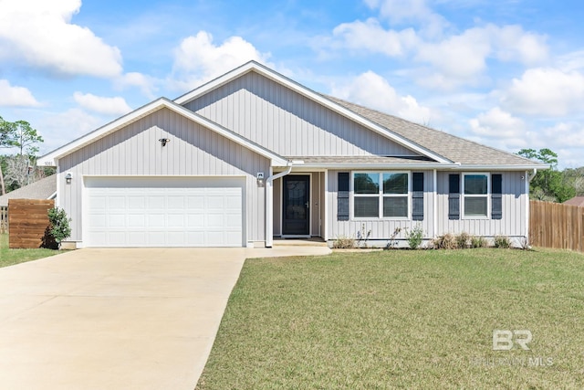 ranch-style house featuring an attached garage, a shingled roof, fence, concrete driveway, and a front yard