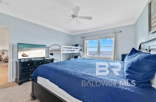 2223 W Beach Blvd, Gulf Shores, AL 36542 - bedroom with light colored carpet, crown molding, and a ceiling fan