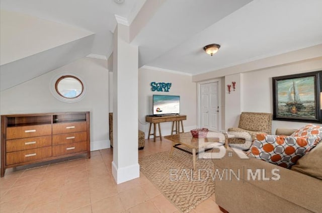 2223 W Beach Blvd, Gulf Shores, AL 36542 - living area with light tile patterned floors, baseboards, and crown molding