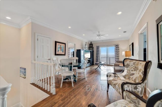 2223 W Beach Blvd, Gulf Shores, AL 36542 - living area with baseboards, ornamental molding, wood finished floors, ceiling fan, and recessed lighting