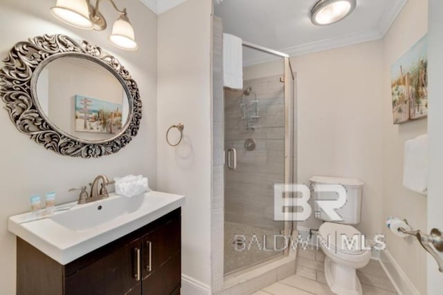 2223 W Beach Blvd, Gulf Shores, AL 36542 - bathroom with toilet, ornamental molding, baseboards, and a shower stall