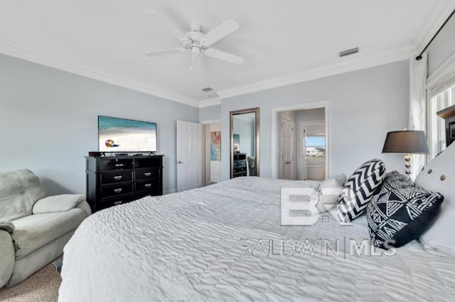 2223 W Beach Blvd, Gulf Shores, AL 36542 - bedroom with ornamental molding, visible vents, multiple windows, and a ceiling fan