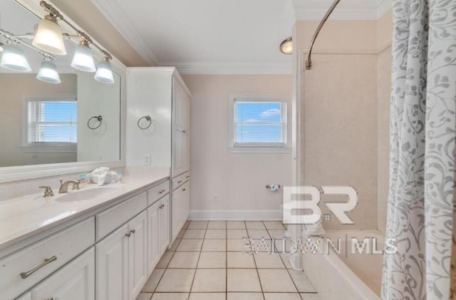 2223 W Beach Blvd, Gulf Shores, AL 36542 - full bath with tile patterned floors, crown molding, vanity, shower / bathtub combination with curtain, and baseboards