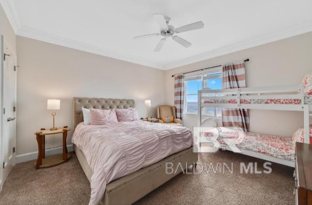 2223 W Beach Blvd, Gulf Shores, AL 36542 - bedroom with baseboards, carpet floors, ornamental molding, and ceiling fan