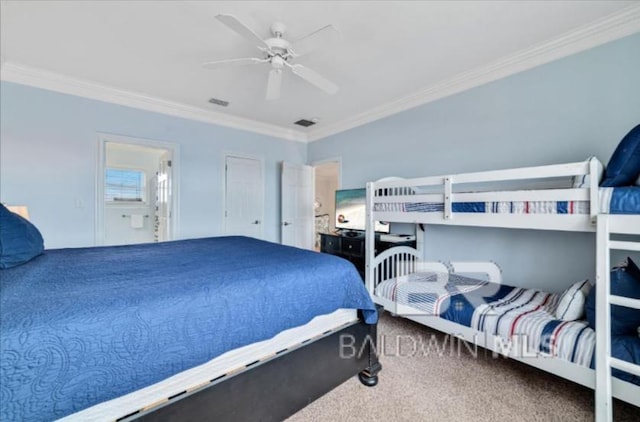 2223 W Beach Blvd, Gulf Shores, AL 36542 - carpeted bedroom with ensuite bathroom, ceiling fan, and ornamental molding