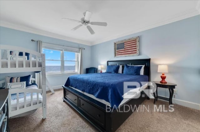 2223 W Beach Blvd, Gulf Shores, AL 36542 - bedroom featuring a ceiling fan, ornamental molding, carpet, and baseboards