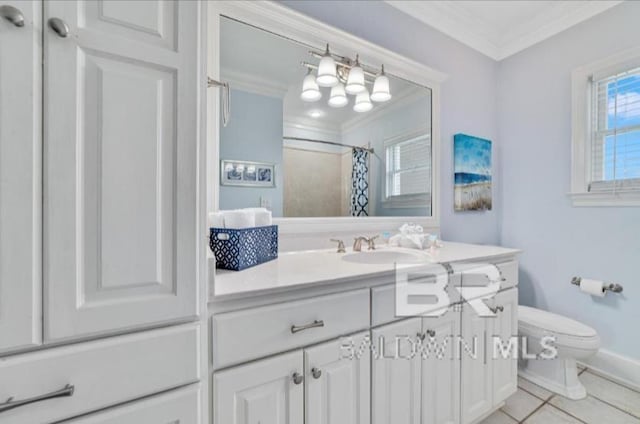 2223 W Beach Blvd, Gulf Shores, AL 36542 - bathroom with a shower with shower curtain, crown molding, toilet, vanity, and tile patterned flooring