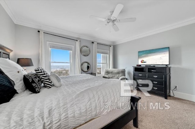 2223 W Beach Blvd, Gulf Shores, AL 36542 - carpeted bedroom featuring baseboards, a ceiling fan, and crown molding