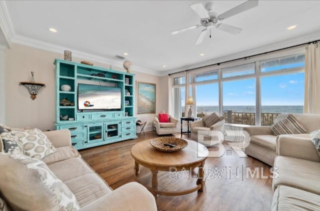 2223 W Beach Blvd, Gulf Shores, AL 36542 - living area featuring crown molding, wood finished floors, ceiling fan, and recessed lighting
