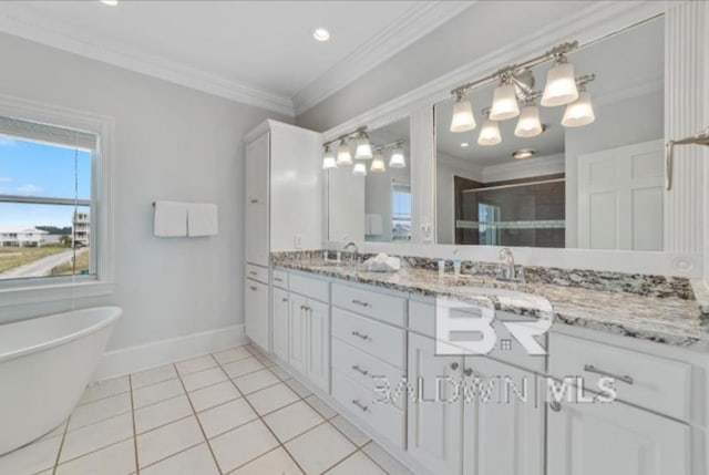 2223 W Beach Blvd, Gulf Shores, AL 36542 - full bathroom with double vanity, a sink, crown molding, and a shower stall
