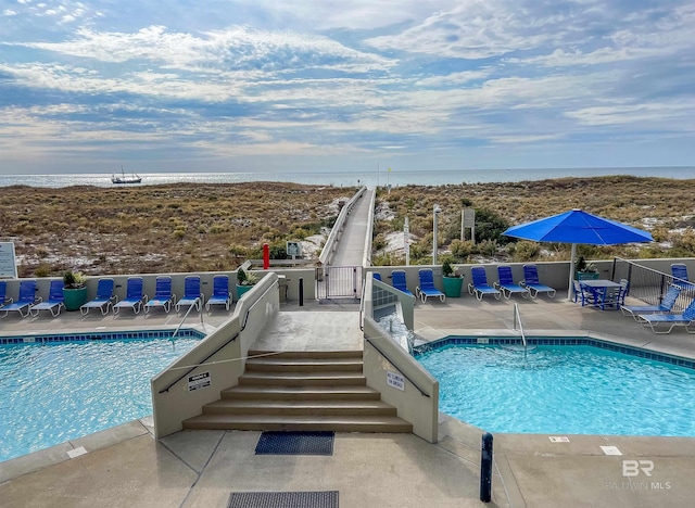 view of pool with a water view