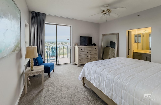 bedroom with access to outside, ensuite bath, ceiling fan, and light colored carpet