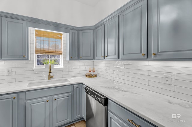 4 Yacht Club Dr Unit 15, Daphne, AL 36526 - kitchen featuring stainless steel dishwasher, a sink, gray cabinets, tasteful backsplash, and light stone counters