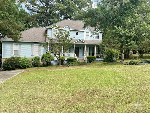 view of front of home featuring covered porch, a front yard, and a shingled roof