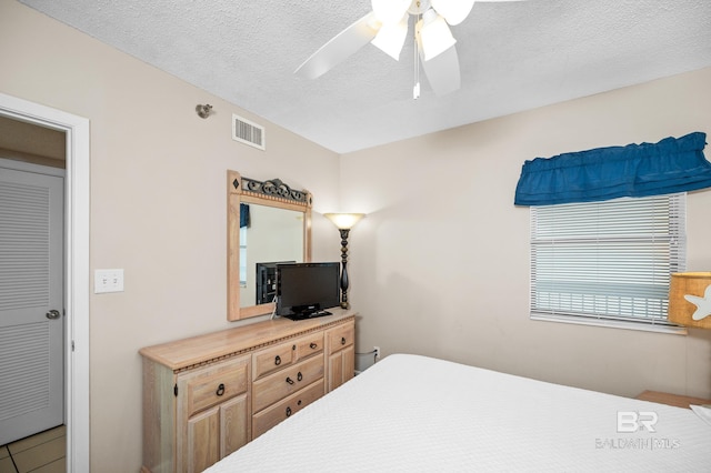 bedroom featuring a ceiling fan, visible vents, and a textured ceiling