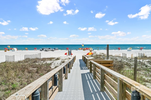 view of water feature with a beach view