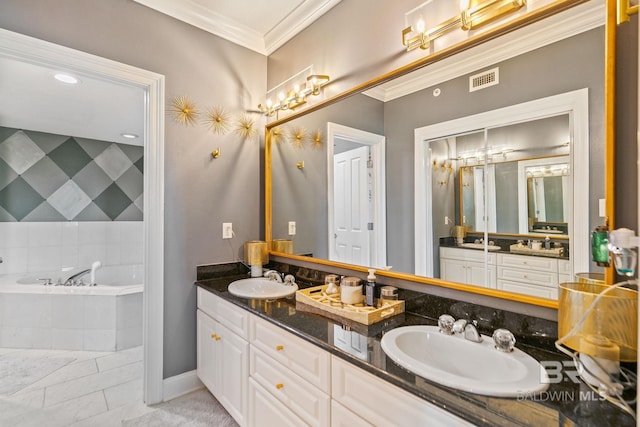 bathroom with crown molding, tile patterned flooring, vanity, and a relaxing tiled tub