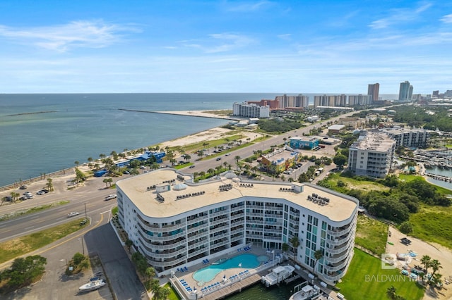 bird's eye view with a water view