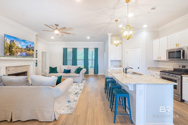 interior space with a premium fireplace, light hardwood / wood-style floors, stainless steel appliances, hanging light fixtures, and sink