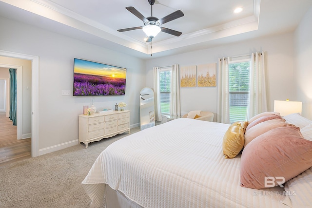 bedroom with carpet floors, ceiling fan, a raised ceiling, and multiple windows