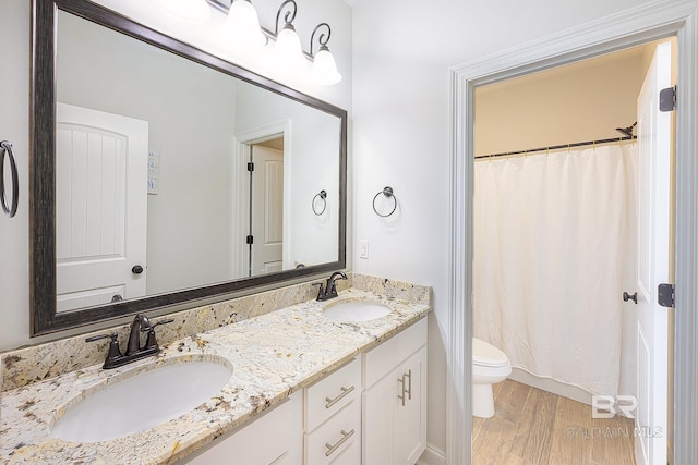 bathroom featuring toilet, double sink, hardwood / wood-style flooring, and large vanity