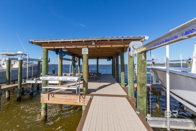 dock area featuring a water view and boat lift