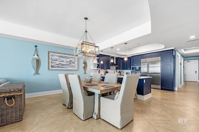 dining space with recessed lighting, a raised ceiling, visible vents, and baseboards