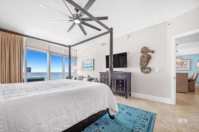 bedroom with visible vents, ceiling fan, baseboards, and light tile patterned floors