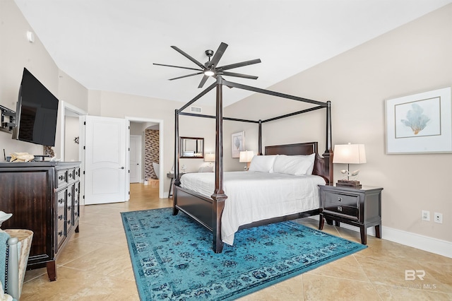 bedroom featuring light tile patterned floors, visible vents, a ceiling fan, and baseboards