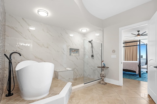 full bath featuring a marble finish shower, a freestanding bath, ensuite bathroom, a ceiling fan, and tile patterned flooring