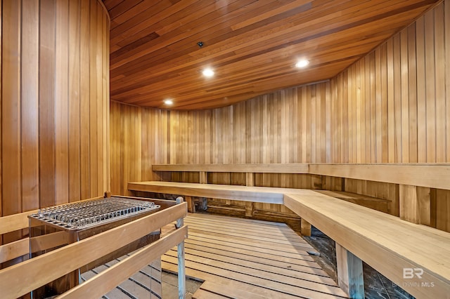 view of sauna featuring recessed lighting